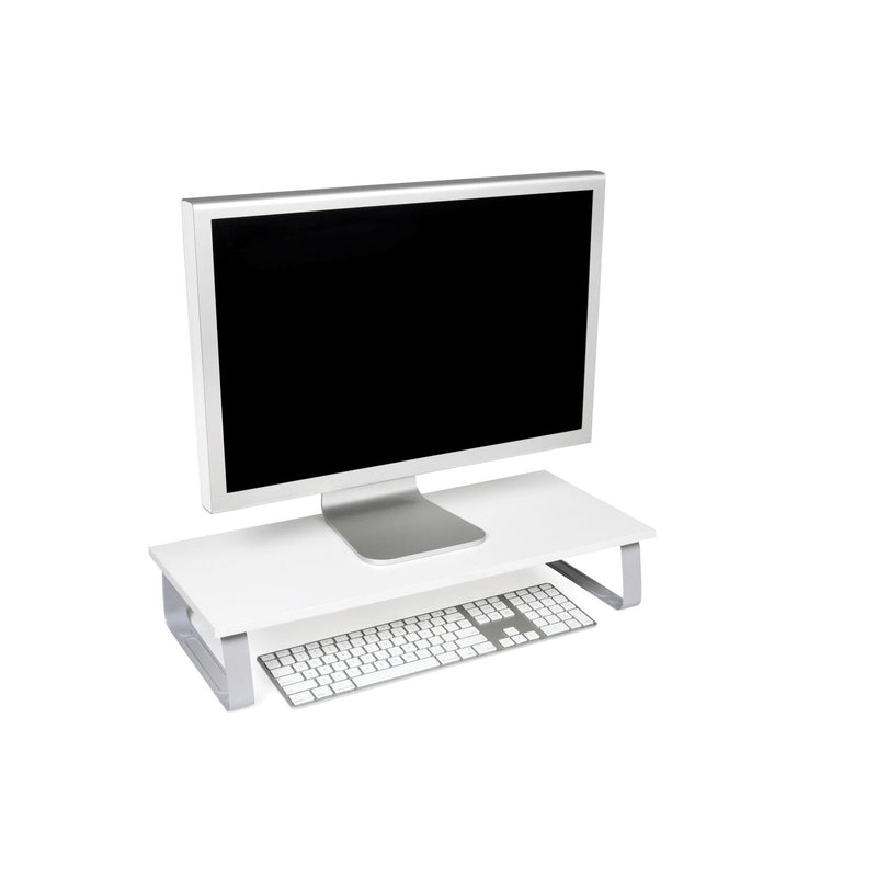 White Kensington Extra Wide Monitor Stand holding a monitor with a keyboard stored underneath