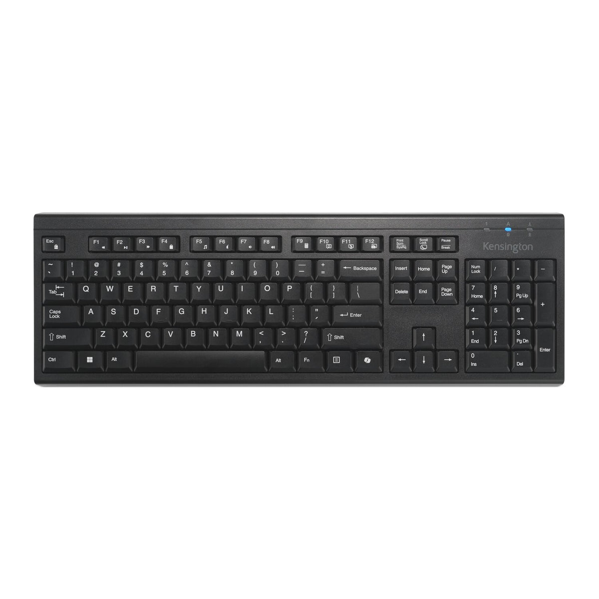 Kensington KB270 EQ Keyboard in black, top-down view of the full-size layout with Copilot key and numeric keypad