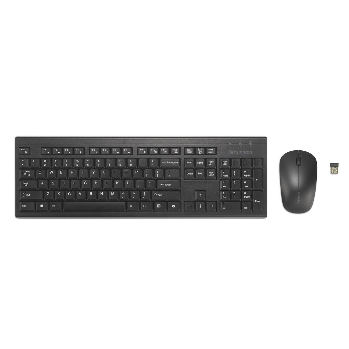Kensington KM270 EQ Rechargeable Desktop Set in black, top-down view of the keyboard, mouse and receiver