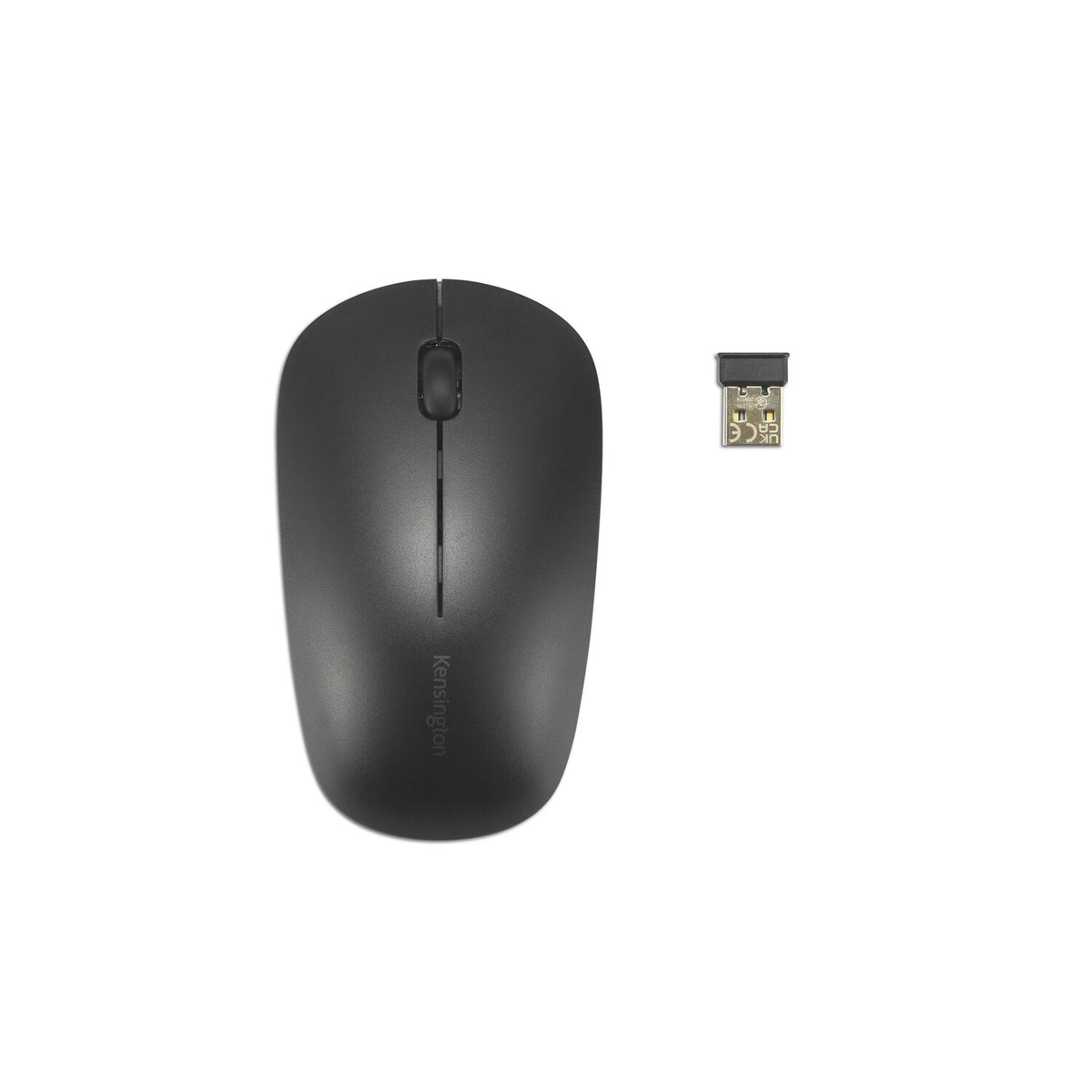 Kensington KM270 EQ Rechargeable Desktop Set mouse in black, top view with the USB receiver beside it