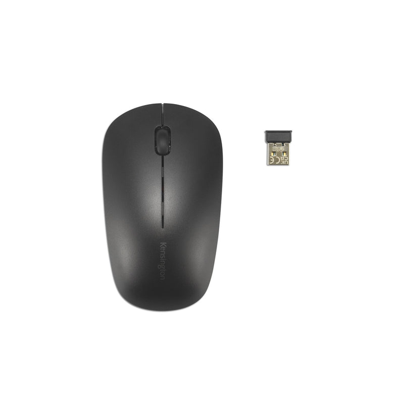 Kensington KM270 EQ Rechargeable Desktop Set mouse in black, top view with the USB receiver beside it