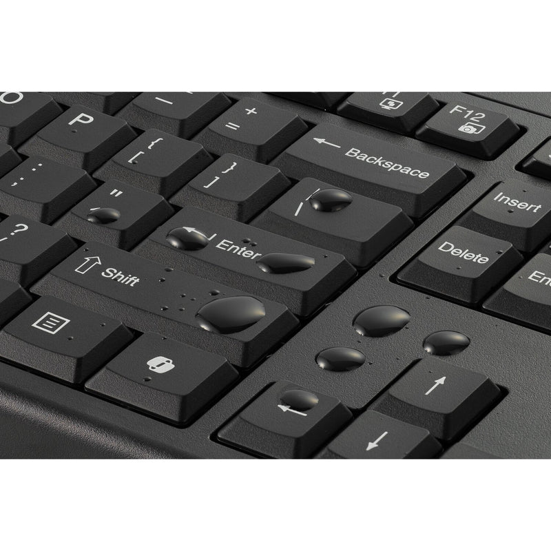 Kensington KM270 EQ Rechargeable Desktop Set keyboard close-up with water droplets on the Enter and arrow keys