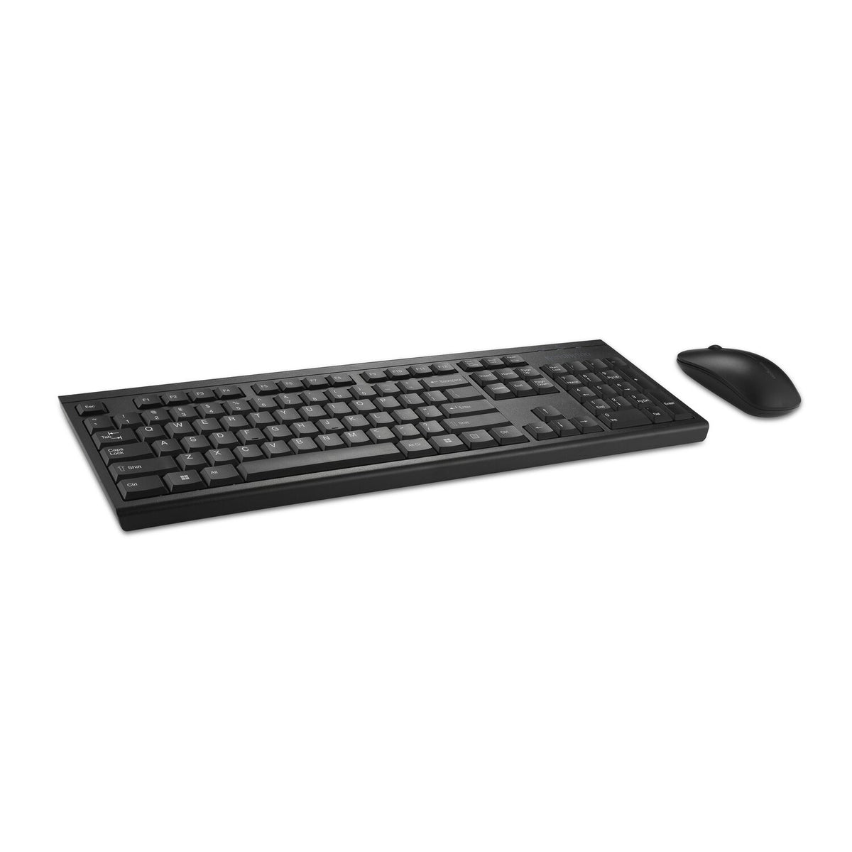 Kensington KM150 EQ Wireless Desktop Set in black, low side angle of the keyboard and mouse