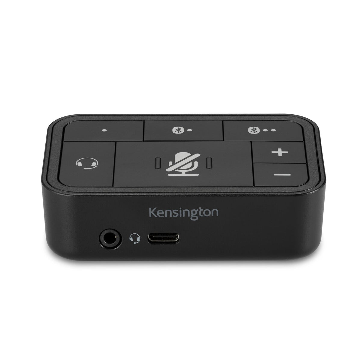 Front view of the Kensington 3-in-1 Pro Audio Headset Switch showing the 3.5mm and USB-C headset ports