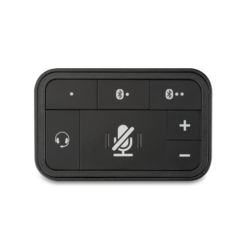 Top view of the Kensington 3-in-1 Pro Audio Headset Switch showing source, volume and mute buttons