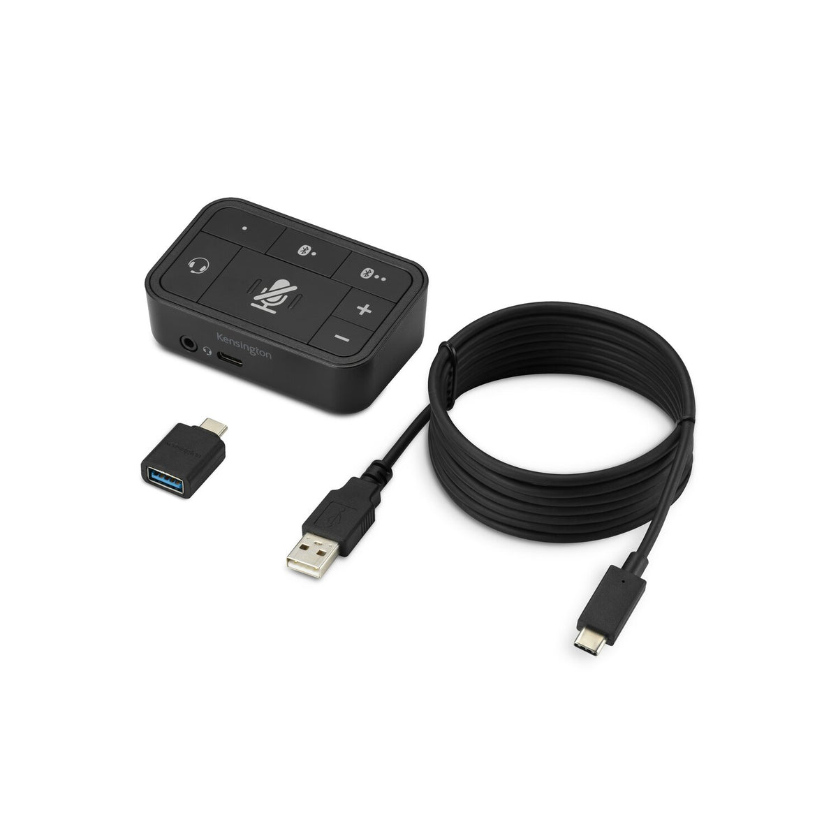 Kensington 3-in-1 Pro Audio Headset Switch with its USB-C to USB-A cable and USB-C to USB-A headset adapter
