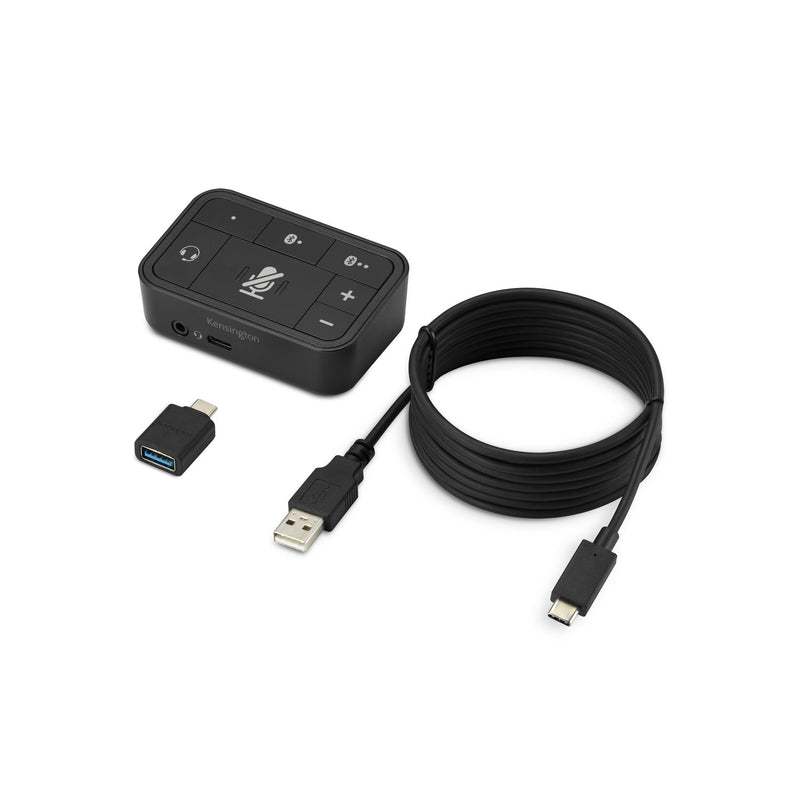 Kensington 3-in-1 Pro Audio Headset Switch with its USB-C to USB-A cable and USB-C to USB-A headset adapter