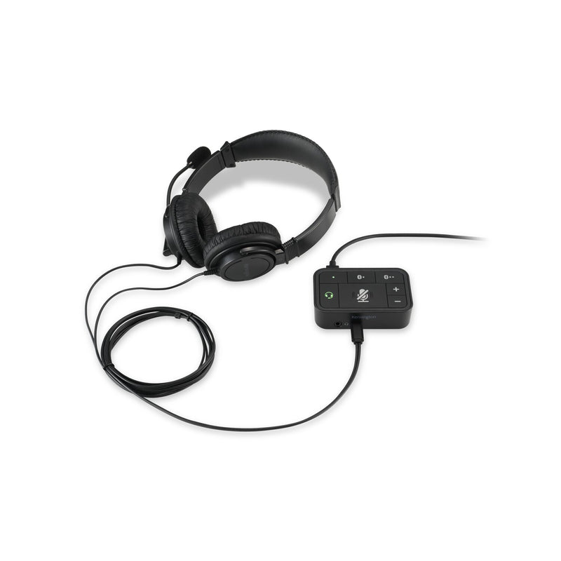 Kensington 3-in-1 Pro Audio Headset Switch with a wired headset plugged in and a cable to the computer