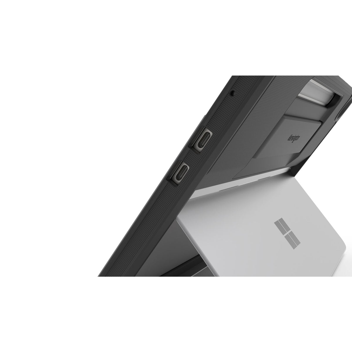 Side close-up of the Kensington BlackBelt EQ Rugged Case for Surface Pro 12 inch showing port cutouts and the hand strap