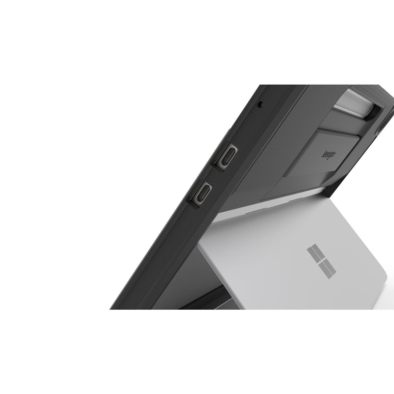 Side close-up of the Kensington BlackBelt EQ Rugged Case for Surface Pro 12 inch showing port cutouts and the hand strap