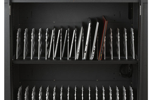 Laptops standing upright between the silver dividers on the upper shelf of the Kensington AC32 charging cabinet