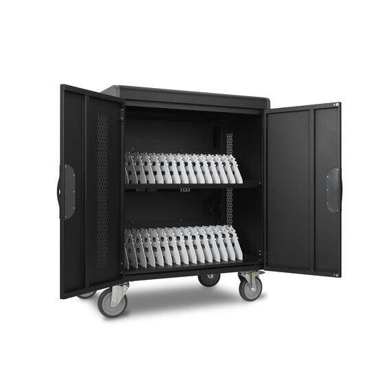 Kensington AC32 cabinet with both front doors open showing two shelves of silver slotted dividers
