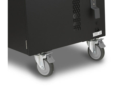 Lower corner of the Kensington AC32 cabinet showing the locking castors and rear power inlet