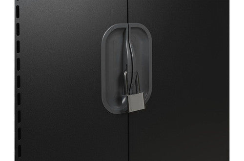Padlock fitted through the front door handle of the Kensington AC32 cabinet, shown as an example as padlocks are not included