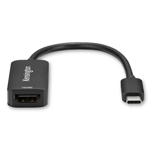Front view of the Kensington CV4200H adapter showing the HDMI socket marked HDMI below the Kensington logo, with the USB-C plug on its curved lead