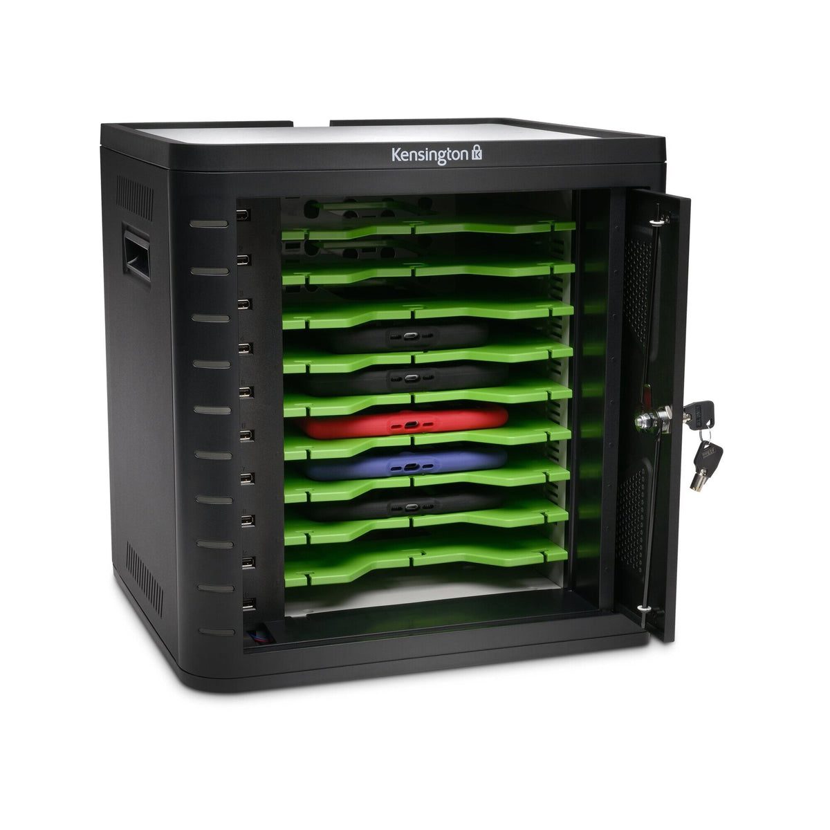 Kensington Charge and Sync cabinet with the door open showing ten green shelves holding tablets and the key in the lock