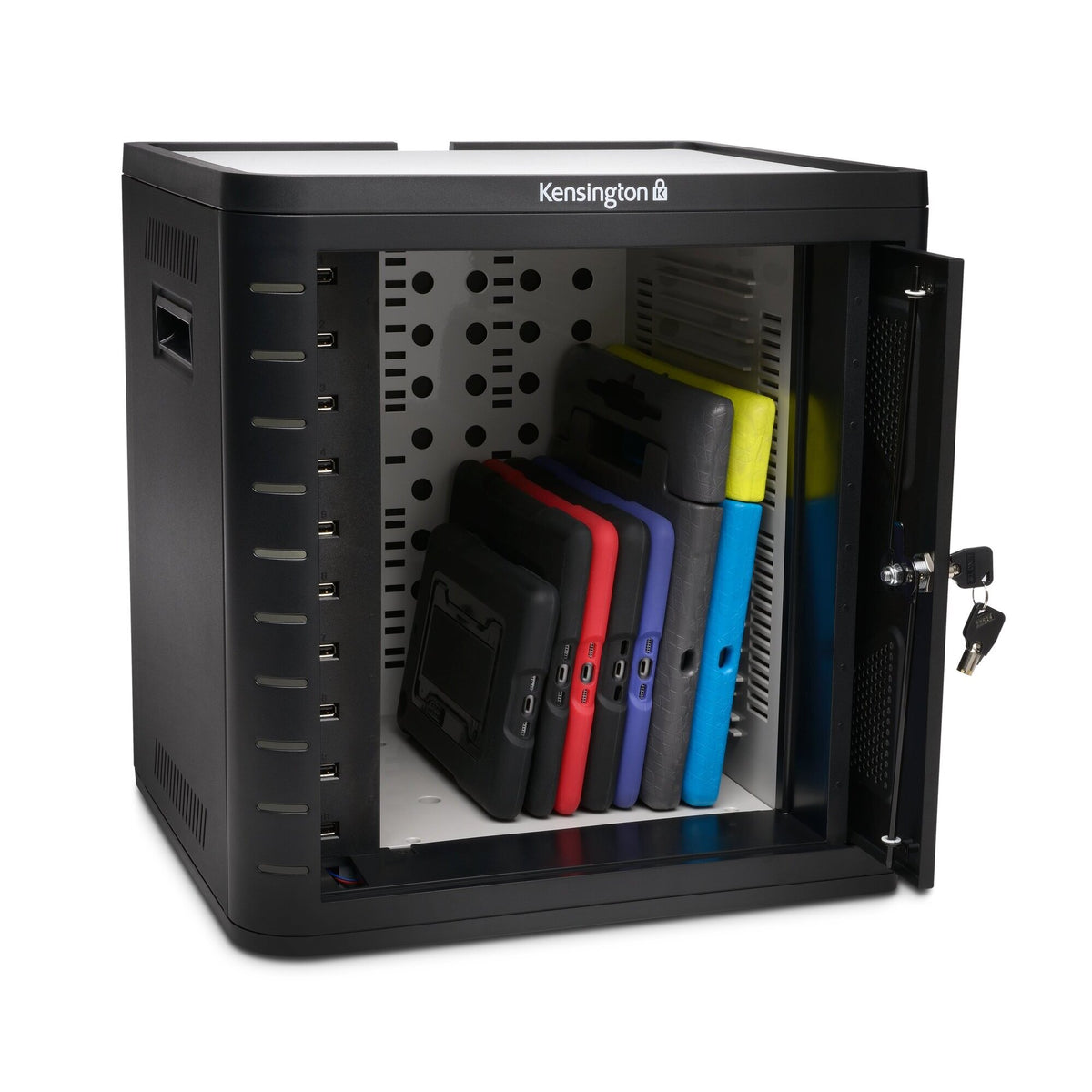 Kensington Charge and Sync cabinet with shelves removed and tablets in colourful rugged cases standing upright inside