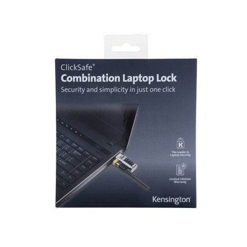 Kensington ClickSafe Combination Laptop Lock retail pack showing the lock attached to a laptop