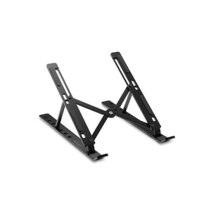 Kensington collapsible aluminium laptop riser in black, opened into its X frame with the angled arms raised
