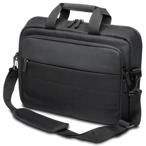 Black Kensington EQ 16 inch Laptop Carrying Case, angled view with the shoulder strap attached