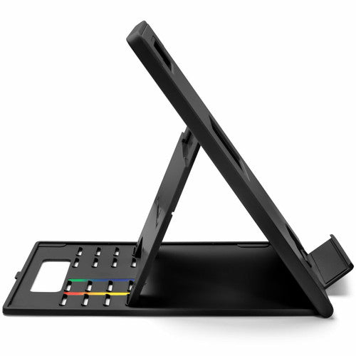 Side view of the Kensington Easy Riser Go showing the kickstand and the coloured height slots in the base