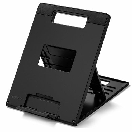 Kensington Easy Riser Go laptop riser in black, opened up with the carry handle cut-out at the top and a vent opening in the panel