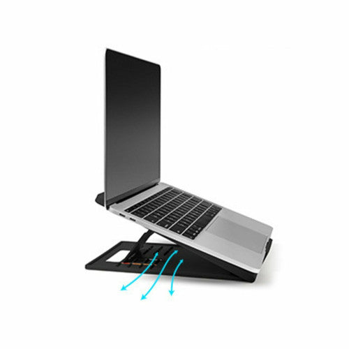 Laptop raised on the black Kensington Easy Riser Go with arrows showing air moving under the device