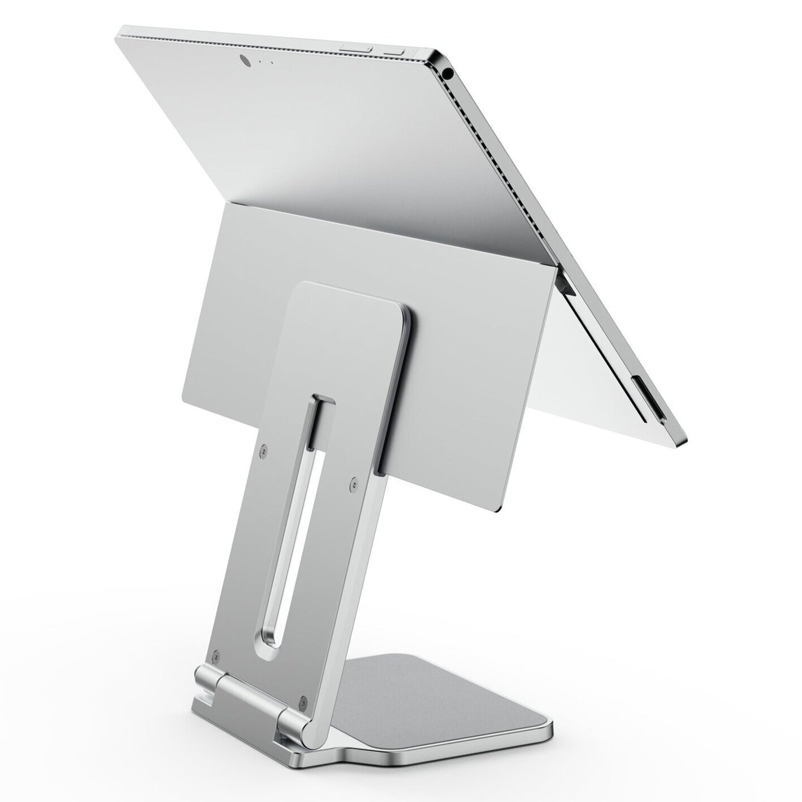Three quarter rear view of the complete setup showing how the stand supports Surface devices while maintaining access to ports, controls and connectivity options.