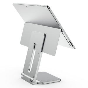 Rear three-quarter view of a Surface tablet mounted on the platinum Kensington stand for Surface