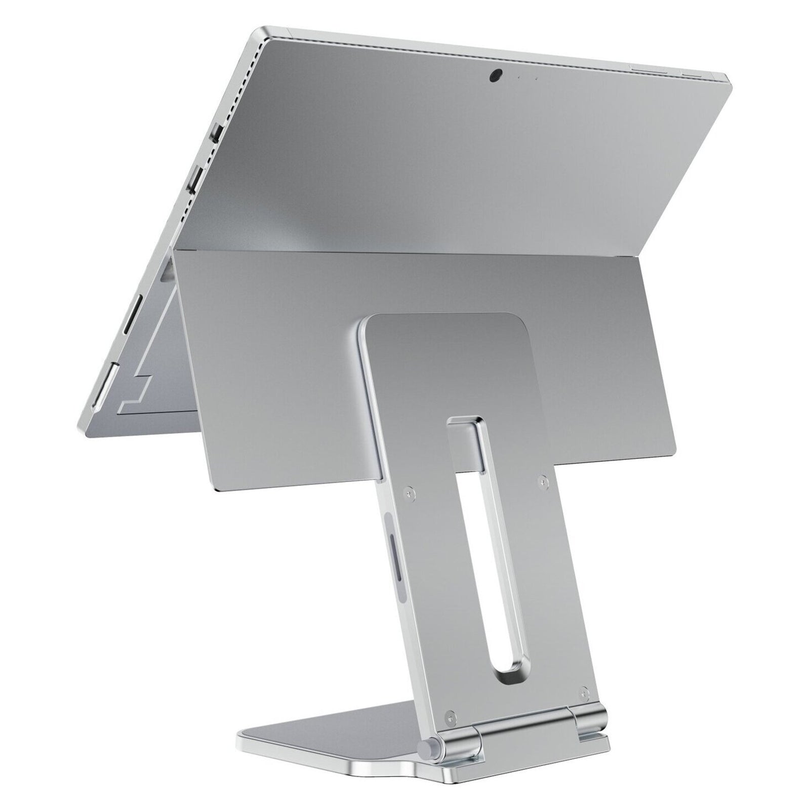 Rear perspective showing the Surface attached to the stand with the kickstand extended. The image highlights compatibility with Microsoft Surface devices and the stand's ergonomic support design.