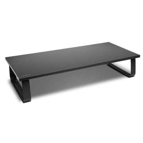 Kensington extra wide monitor stand in black, a long flat platform on two looped legs, shown at an angle on white