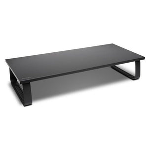 Kensington extra wide monitor stand in black, a long flat platform on two looped legs, shown at an angle on white