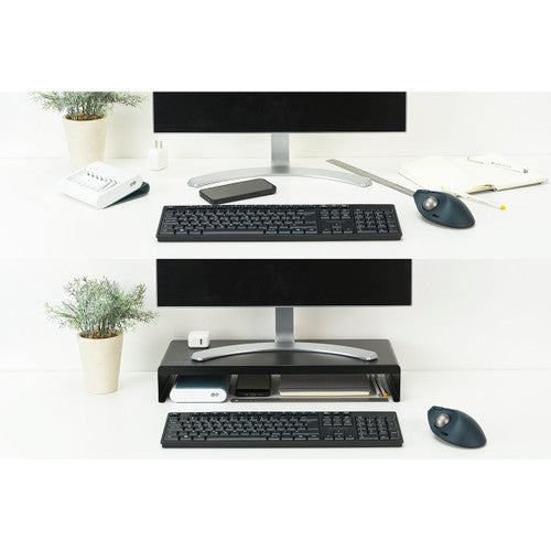 Before and after desk scenes showing a keyboard and desk items stored under the Kensington extra wide steel stand