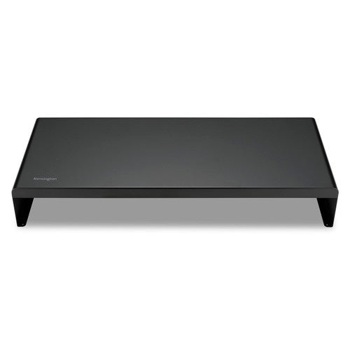 Front view of the black Kensington extra wide steel monitor stand showing its wide flat top and open front