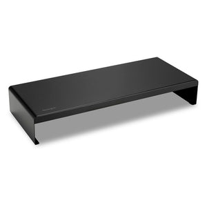 Kensington extra wide steel monitor stand in black, a flat top folding down into two solid side legs, shown at an angle