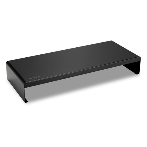 Kensington extra wide steel monitor stand in black, a flat top folding down into two solid side legs, shown at an angle