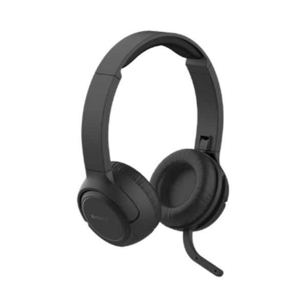 Kensington H1050 EQ Bluetooth On-Ear Headset in black, angled view with the boom microphone lowered from the left earcup