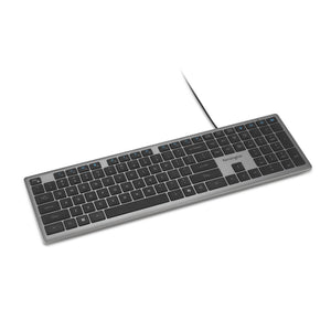 Kensington KB515 EQ Wired Keyboard in Space Grey, angled view of the full-size layout with cable