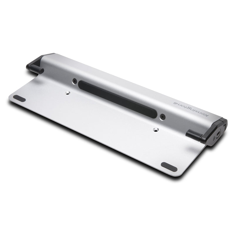 Angled product view highlighting the brushed aluminium finish, slim profile and adjustable security arms. The design presents a professional appearance suitable for modern workplaces.