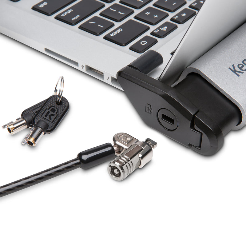 Product close up displaying the MicroSaver 2.0 keyed locking mechanism, security cable and included keys. The image emphasises the professional grade security components and locking technology.