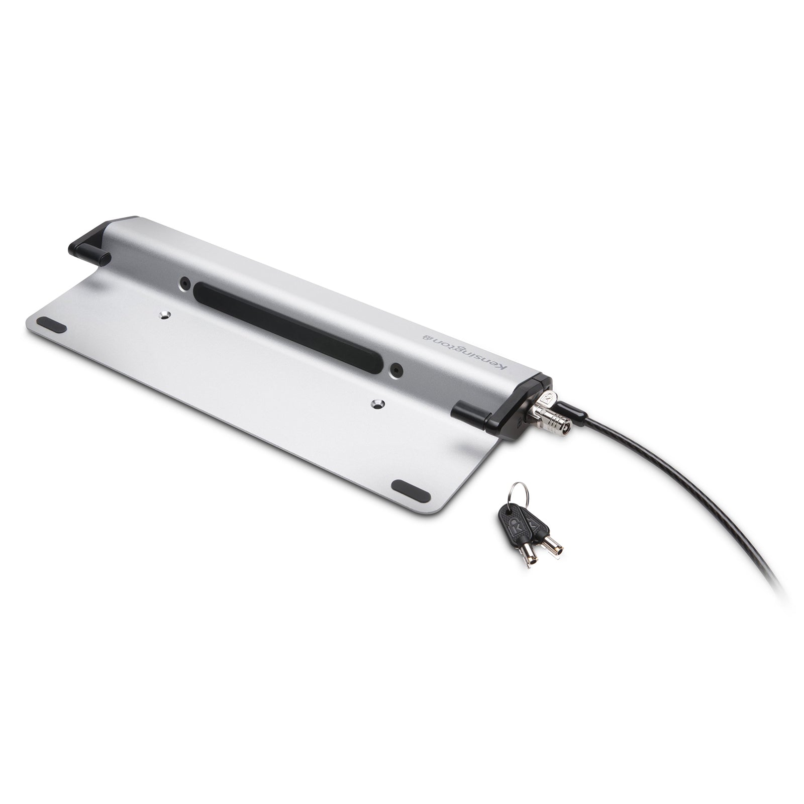 Complete product display featuring the locking station, attached MicroSaver 2.0 security cable and supplied keys. The image clearly illustrates the full security solution ready for deployment in offices, schools and shared workspaces.
