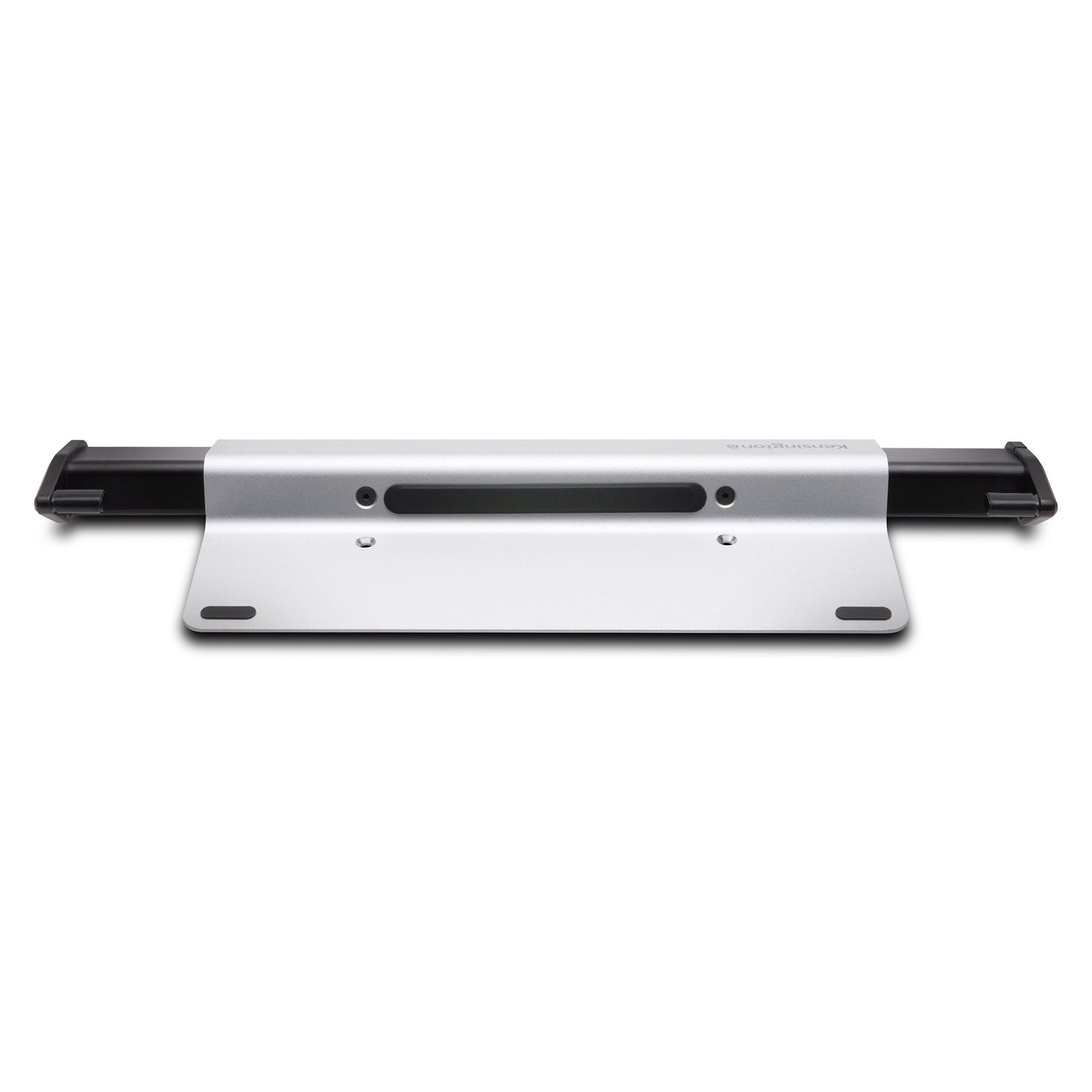 Front view of the Kensington Locking Station without a laptop installed. The image showcases the aluminium base, adjustable side arms and protective contact surfaces.