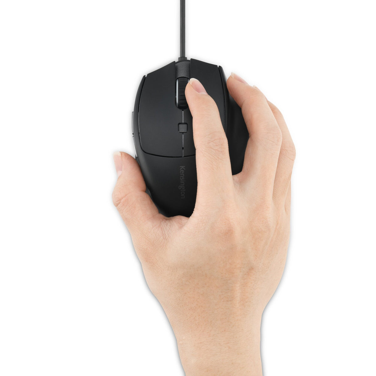 Right hand gripping the Kensington MY435 EQ wired mouse from above, cable running forward