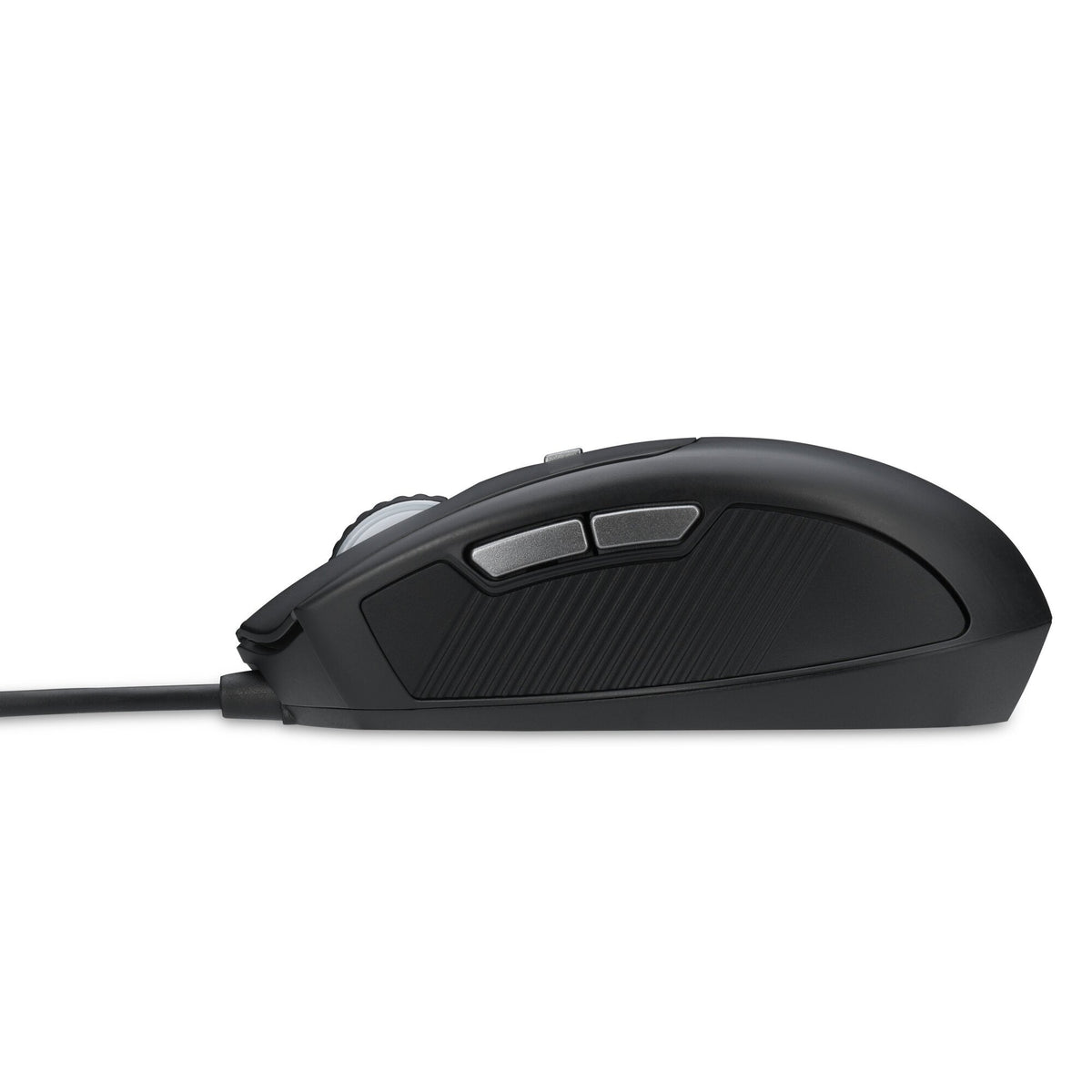 Kensington MY435 EQ wired mouse from the left, with two grey thumb buttons set into the ribbed side grip