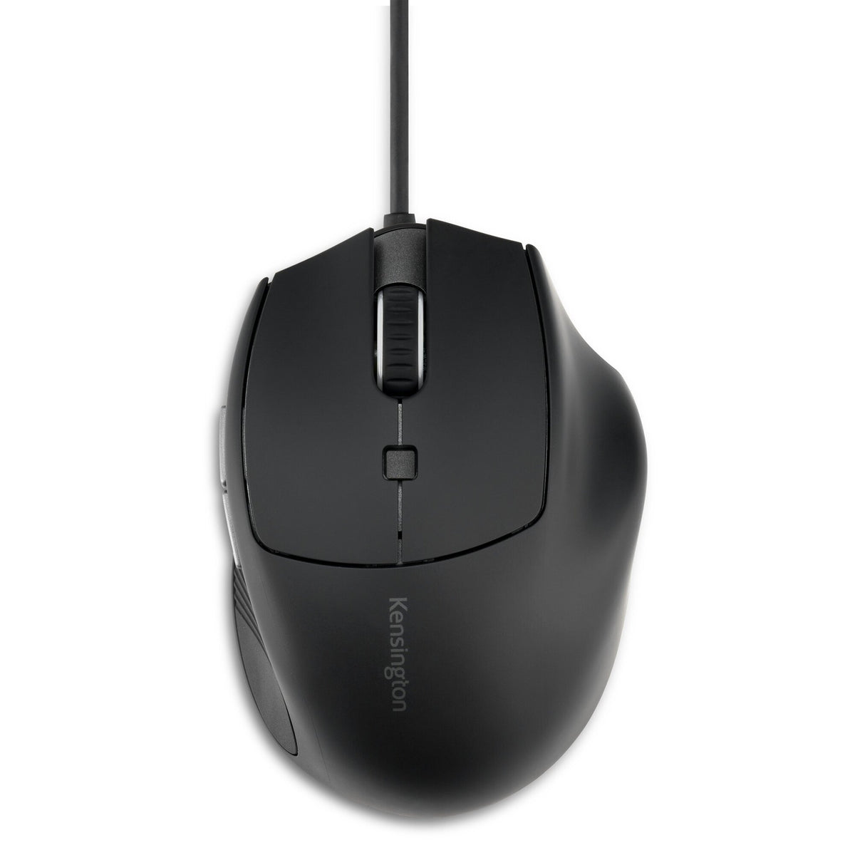 Overhead view of the black Kensington MY435 EQ wired mouse with the cable leading straight out of the front