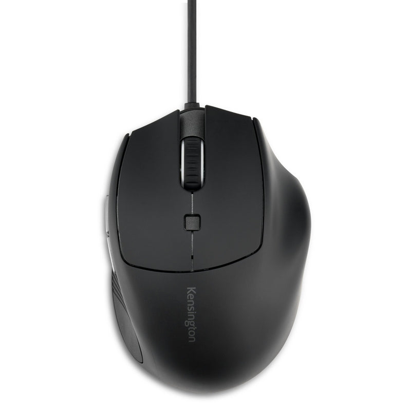 Overhead view of the black Kensington MY435 EQ wired mouse with the cable leading straight out of the front
