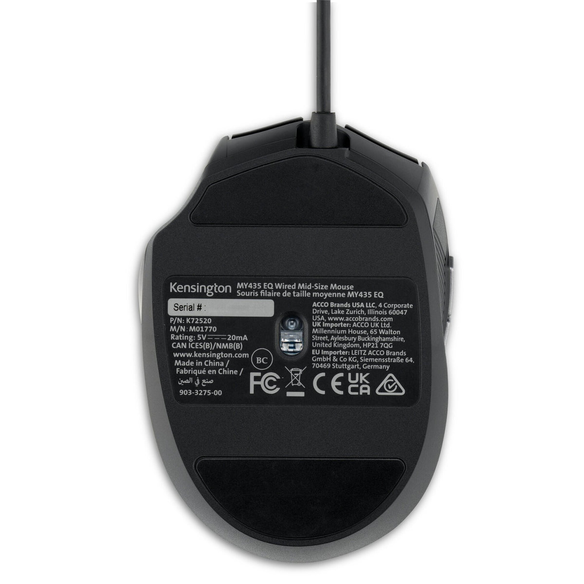 Base of the Kensington MY435 EQ wired mouse with the optical sensor, glide pads and printed product label