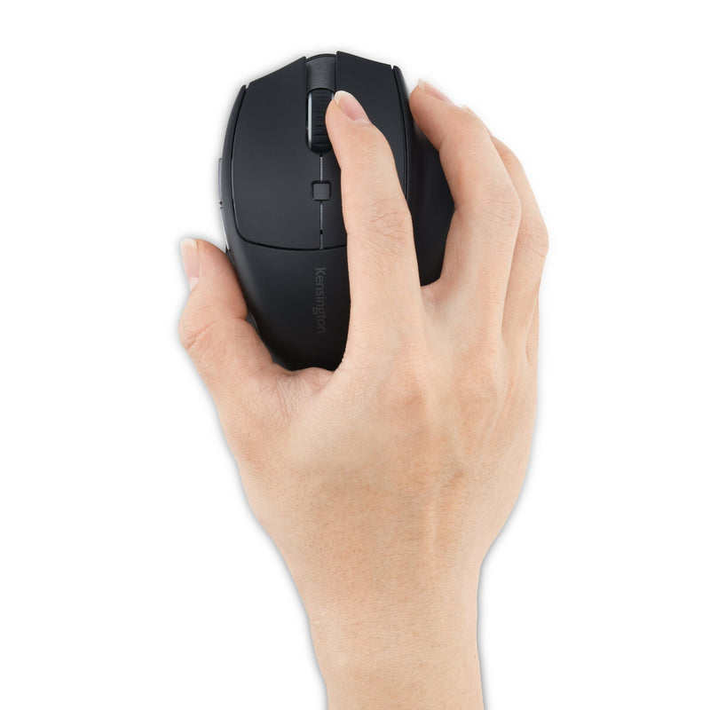 Right hand holding the Kensington MY435 EQ wireless mouse, showing how it fits a small to average hand