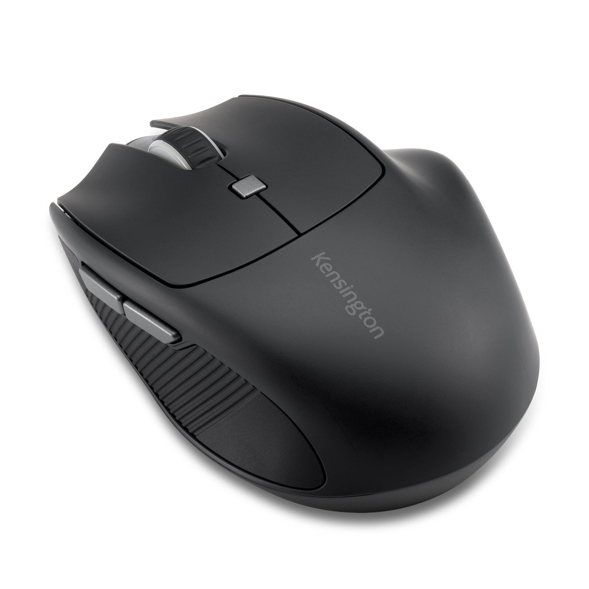 Kensington MY435 EQ wireless rechargeable mouse in matte black, angled view showing the grey scroll wheel and two grey thumb buttons