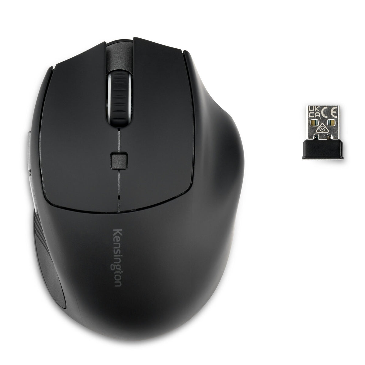 Top view of the Kensington MY435 EQ wireless mouse in black beside its small USB receiver